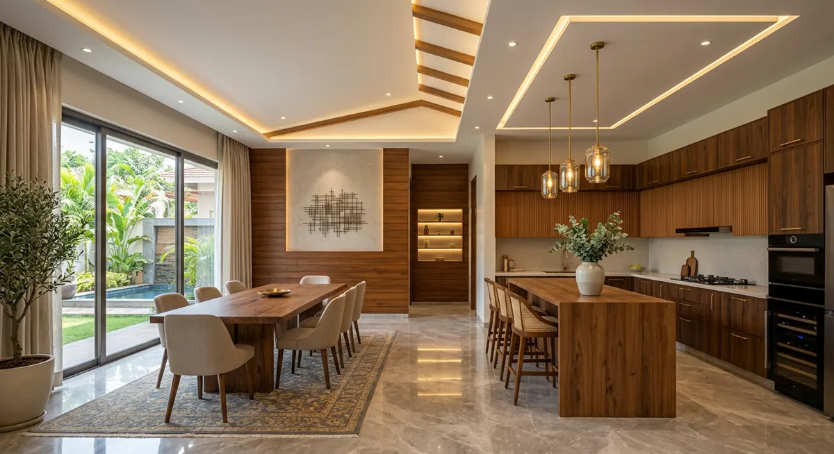 Modern villa interior with modular kitchen and false ceiling lighting